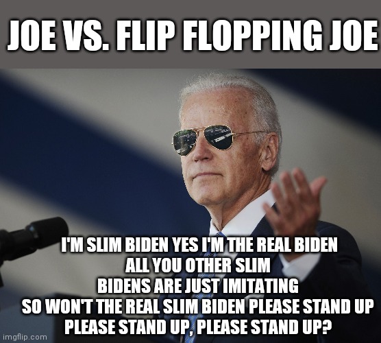 Joe Biden come at me bro | JOE VS. FLIP FLOPPING JOE; I'M SLIM BIDEN YES I'M THE REAL BIDEN
ALL YOU OTHER SLIM BIDENS ARE JUST IMITATING
SO WON'T THE REAL SLIM BIDEN PLEASE STAND UP
PLEASE STAND UP, PLEASE STAND UP? | image tagged in joe biden come at me bro | made w/ Imgflip meme maker