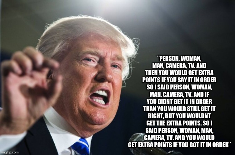 donald trump | ¨PERSON, WOMAN, MAN, CAMERA, TV. AND THEN YOU WOULD GET EXTRA POINTS IF YOU SAY IT IN ORDER SO I SAID PERSON, WOMAN, MAN, CAMERA, TV. AND IF | image tagged in donald trump | made w/ Imgflip meme maker