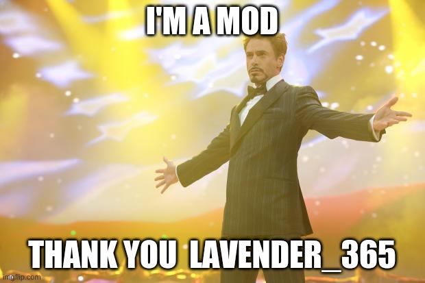 yus | I'M A MOD; THANK YOU  LAVENDER_365 | image tagged in tony stark success | made w/ Imgflip meme maker