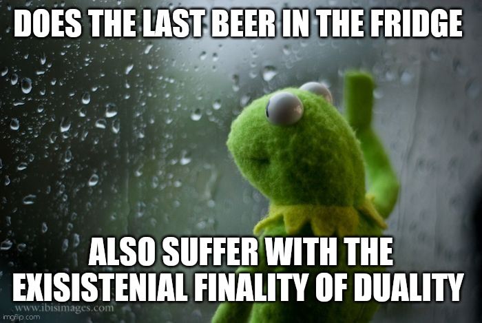 Beer run | DOES THE LAST BEER IN THE FRIDGE; ALSO SUFFER WITH THE EXISISTENIAL FINALITY OF DUALITY | image tagged in kermit window,hold my beer,beer | made w/ Imgflip meme maker