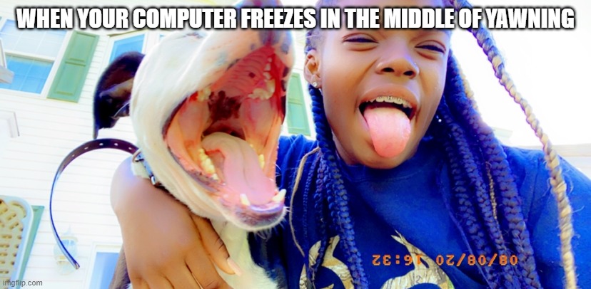 Faith | WHEN YOUR COMPUTER FREEZES IN THE MIDDLE OF YAWNING | image tagged in silly | made w/ Imgflip meme maker