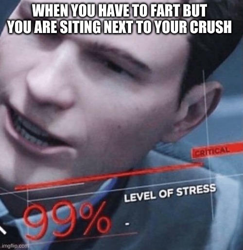 gotta hold it | WHEN YOU HAVE TO FART BUT YOU ARE SITING NEXT TO YOUR CRUSH | image tagged in stress level 99 | made w/ Imgflip meme maker
