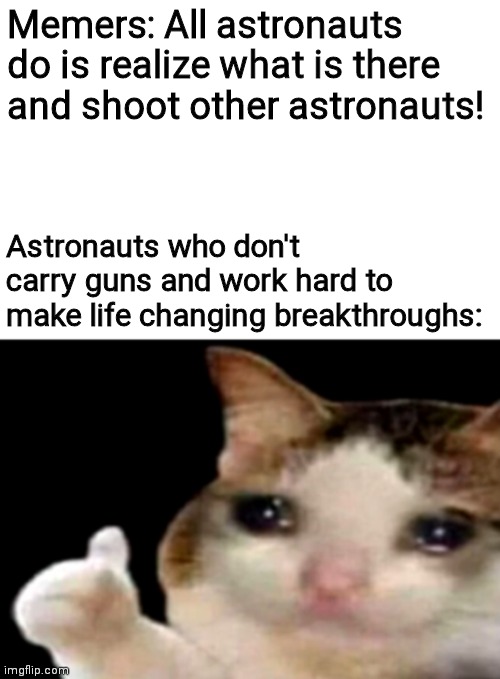Truth about astronauts | Memers: All astronauts do is realize what is there and shoot other astronauts! Astronauts who don't carry guns and work hard to make life changing breakthroughs: | image tagged in sad cat thumbs up white spacing,wait its all,astronaut,cats | made w/ Imgflip meme maker