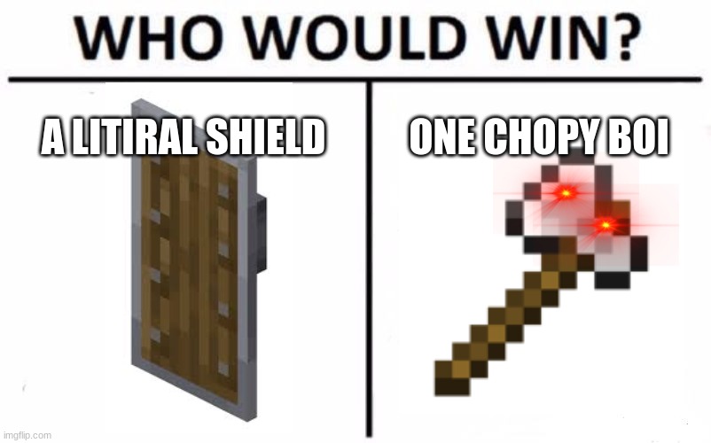 Who Would Win? | A LITIRAL SHIELD; ONE CHOPY BOI | image tagged in memes,who would win | made w/ Imgflip meme maker