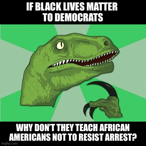 new philosoraptor | IF BLACK LIVES MATTER 
TO DEMOCRATS; WHY DON’T THEY TEACH AFRICAN AMERICANS NOT TO RESIST ARREST? | image tagged in new philosoraptor | made w/ Imgflip meme maker