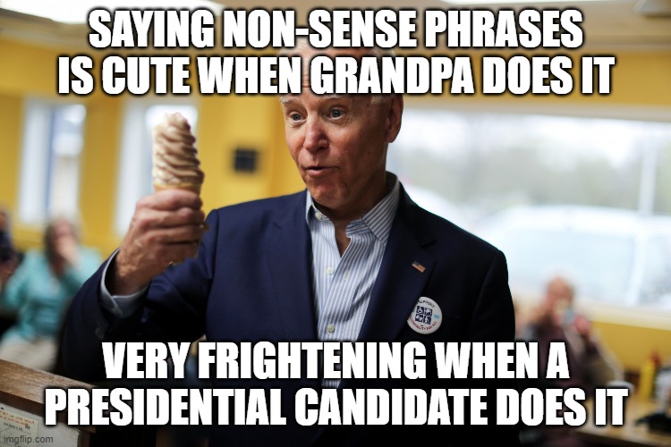 Joe Biden | SAYING NON-SENSE PHRASES IS CUTE WHEN GRANDPA DOES IT; VERY FRIGHTENING WHEN A PRESIDENTIAL CANDIDATE DOES IT | image tagged in joe biden | made w/ Imgflip meme maker