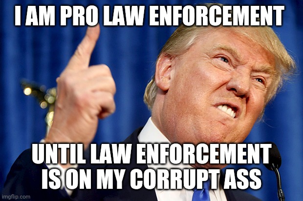 Trump pro law enforcement....not so much | I AM PRO LAW ENFORCEMENT; UNTIL LAW ENFORCEMENT IS ON MY CORRUPT ASS | image tagged in donald trump,law and order,law enforcement,2020 elections,joe biden,blm | made w/ Imgflip meme maker