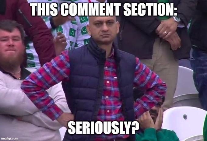 Angry Pakistani Fan | THIS COMMENT SECTION: SERIOUSLY? | image tagged in angry pakistani fan | made w/ Imgflip meme maker