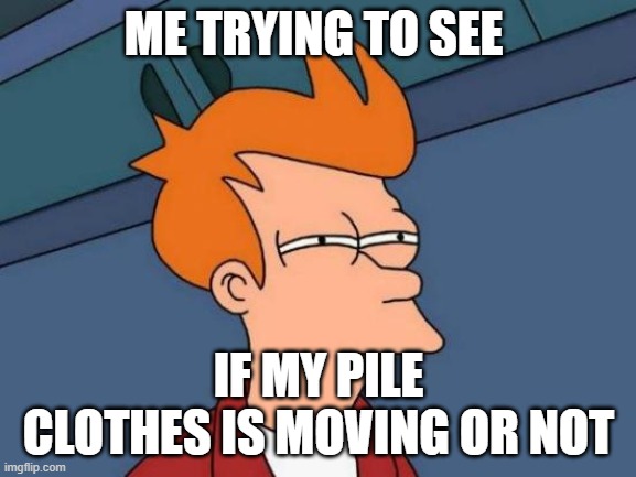 (≖_≖ ) | ME TRYING TO SEE; IF MY PILE CLOTHES IS MOVING OR NOT | image tagged in memes,futurama fry | made w/ Imgflip meme maker