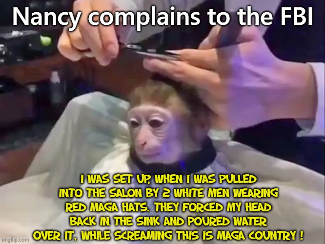 Nancy was set up! | Nancy complains to the FBI; I WAS SET UP, WHEN I WAS PULLED INTO THE SALON BY 2 WHITE MEN WEARING RED MAGA HATS. THEY FORCED MY HEAD BACK IN THE SINK AND POURED WATER OVER IT, WHILE SCREAMING THIS IS MAGA COUNTRY ! | image tagged in nancy pelosi,hair salon | made w/ Imgflip meme maker
