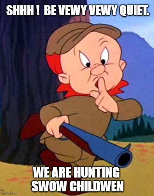 Elmer Fudd | SHHH !  BE VEWY VEWY QUIET. WE ARE HUNTING 
SWOW CHILDWEN | image tagged in elmer fudd | made w/ Imgflip meme maker