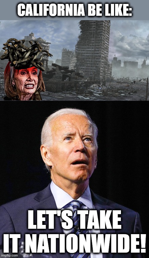 All these people have lost their damn minds! | CALIFORNIA BE LIKE:; LET'S TAKE IT NATIONWIDE! | image tagged in joe biden,memes,stupid liberals,election 2020,california,nancy pelosi | made w/ Imgflip meme maker