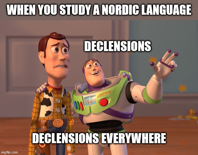 Declensions everywhere | WHEN YOU STUDY A NORDIC LANGUAGE; DECLENSIONS; DECLENSIONS EVERYWHERE | image tagged in memes,x x everywhere | made w/ Imgflip meme maker