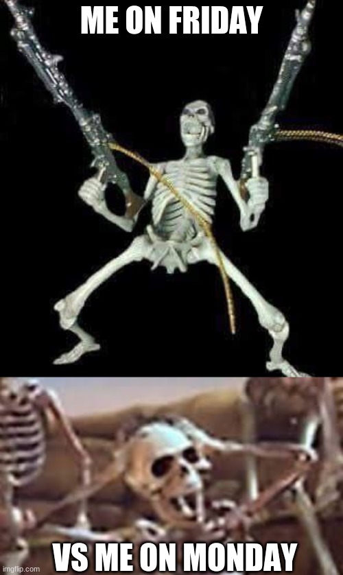 funny | ME ON FRIDAY; VS ME ON MONDAY | image tagged in skeletons | made w/ Imgflip meme maker