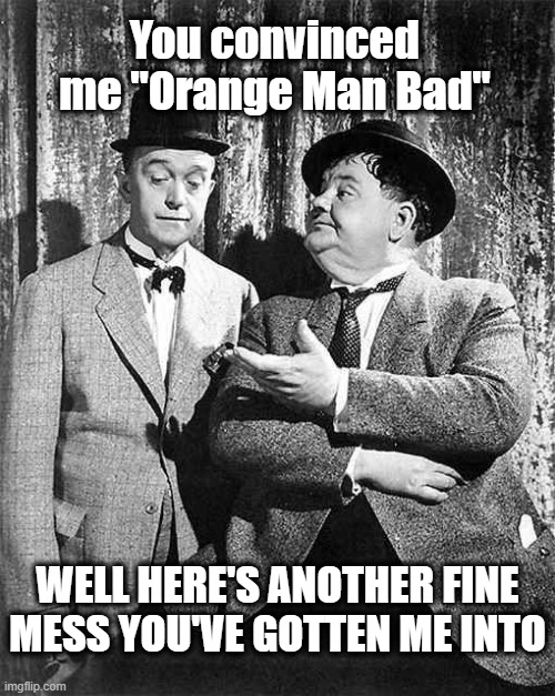 Wouldn't it be nice it everyone just woke the hell up! | You convinced me "Orange Man Bad"; WELL HERE'S ANOTHER FINE MESS YOU'VE GOTTEN ME INTO | image tagged in orange man bad,politics,trump 2020,death of the dnc | made w/ Imgflip meme maker
