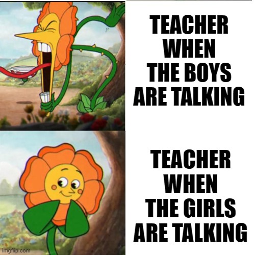 "It's not the ladies, it's the gentlemen." | TEACHER WHEN THE BOYS ARE TALKING; TEACHER WHEN THE GIRLS ARE TALKING | image tagged in cuphead flower,memes,school | made w/ Imgflip meme maker