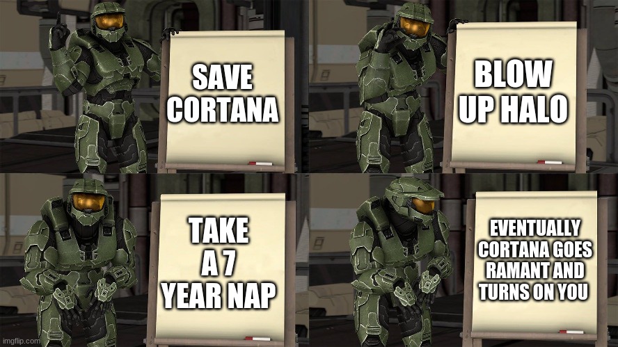 Master Chief's Plan-(Despicable Me Halo) | BLOW UP HALO; SAVE CORTANA; TAKE A 7 YEAR NAP; EVENTUALLY CORTANA GOES RAMANT AND TURNS ON YOU | image tagged in master chief's plan- despicable me halo | made w/ Imgflip meme maker