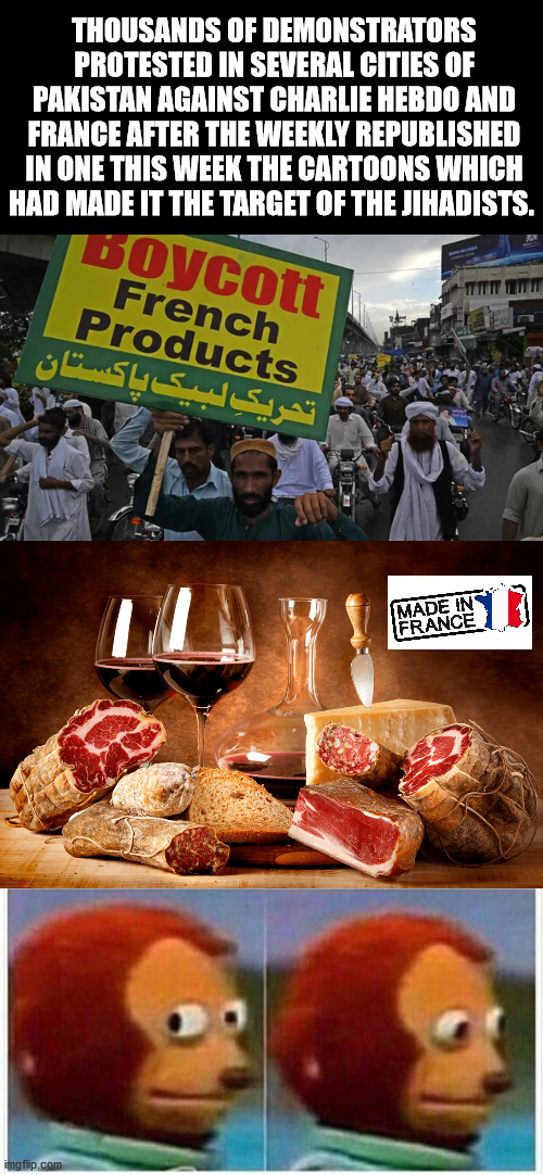 THOUSANDS OF DEMONSTRATORS PROTESTED IN SEVERAL CITIES OF PAKISTAN AGAINST CHARLIE HEBDO AND FRANCE AFTER THE WEEKLY REPUBLISHED IN ONE THIS WEEK THE CARTOONS WHICH HAD MADE IT THE TARGET OF THE JIHADISTS. | image tagged in memes,monkey puppet,france,pakistan,charlie,jihad | made w/ Imgflip meme maker