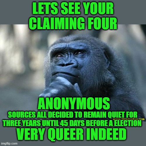 Deep Thoughts | LETS SEE YOUR CLAIMING FOUR ANONYMOUS SOURCES ALL DECIDED TO REMAIN QUIET FOR THREE YEARS UNTIL 45 DAYS BEFORE A ELECTION VERY QUEER INDEED | image tagged in deep thoughts | made w/ Imgflip meme maker