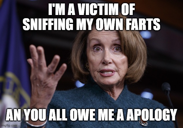 Good old Nancy Pelosi | I'M A VICTIM OF SNIFFING MY OWN FARTS AN YOU ALL OWE ME A APOLOGY | image tagged in good old nancy pelosi | made w/ Imgflip meme maker