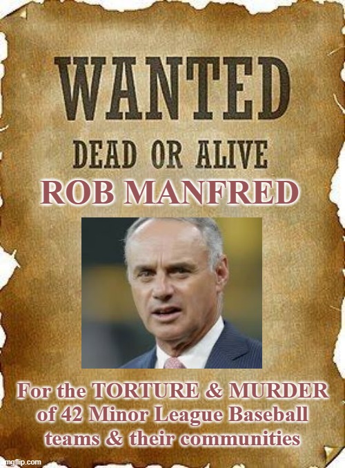 Rob Manfred: Wanted Dead or Alive | ROB MANFRED; For the TORTURE & MURDER of 42 Minor League Baseball teams & their communities | image tagged in wanted dead or alive,memes,baseball,manfred,mlb | made w/ Imgflip meme maker