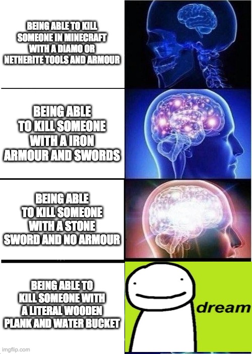 Expanding Brain | BEING ABLE TO KILL SOMEONE IN MINECRAFT WITH A DIAMO OR NETHERITE TOOLS AND ARMOUR; BEING ABLE TO KILL SOMEONE WITH A IRON ARMOUR AND SWORDS; BEING ABLE TO KILL SOMEONE WITH A STONE SWORD AND NO ARMOUR; BEING ABLE TO KILL SOMEONE WITH A LITERAL WOODEN PLANK AND WATER BUCKET | image tagged in memes,expanding brain | made w/ Imgflip meme maker