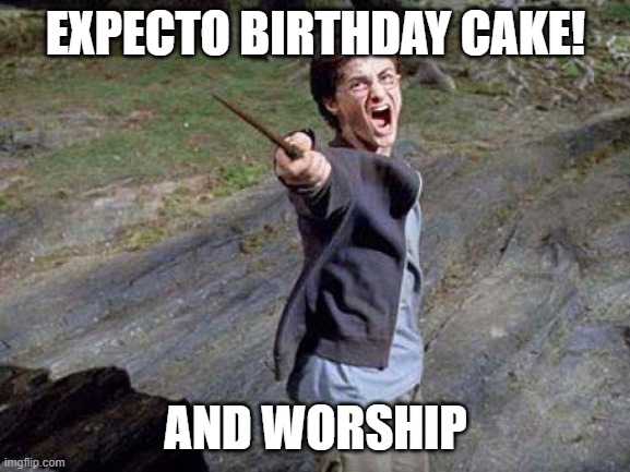 Yelling Harry Potter | EXPECTO BIRTHDAY CAKE! AND WORSHIP | image tagged in yelling harry potter | made w/ Imgflip meme maker
