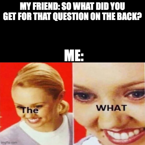 ahem... the what? | MY FRIEND: SO WHAT DID YOU GET FOR THAT QUESTION ON THE BACK? ME: | image tagged in the what | made w/ Imgflip meme maker