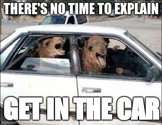Quit Hatin Meme | THERE'S NO TIME TO EXPLAIN; GET IN THE CAR | image tagged in memes,quit hatin | made w/ Imgflip meme maker