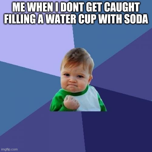 Success Kid Meme | ME WHEN I DONT GET CAUGHT FILLING A WATER CUP WITH SODA | image tagged in memes,success kid | made w/ Imgflip meme maker