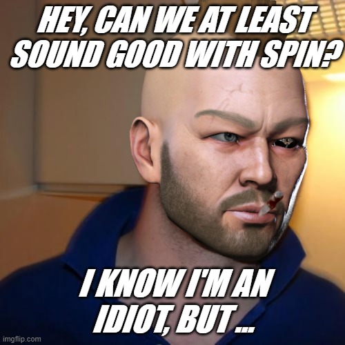 Good Guy Goon | HEY, CAN WE AT LEAST SOUND GOOD WITH SPIN? I KNOW I'M AN IDIOT, BUT ... | image tagged in good guy goon | made w/ Imgflip meme maker