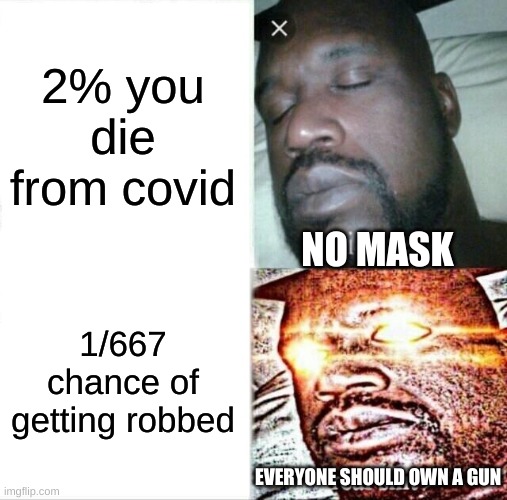 conservatives be like: | 2% you die from covid; NO MASK; 1/667 chance of getting robbed; EVERYONE SHOULD OWN A GUN | image tagged in memes,sleeping shaq | made w/ Imgflip meme maker