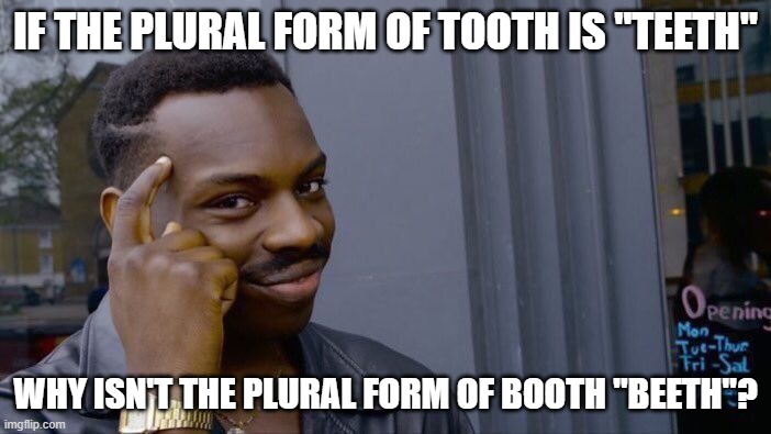 Philosoraptor | IF THE PLURAL FORM OF TOOTH IS "TEETH"; WHY ISN'T THE PLURAL FORM OF BOOTH "BEETH"? | image tagged in memes,philosoraptor,roll safe think about it,funny,pie charts,wrong template | made w/ Imgflip meme maker