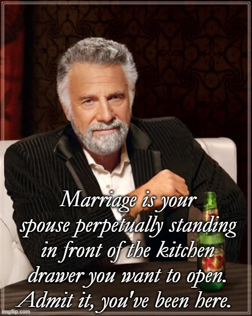 The Most Interesting Man In The World | Marriage is your spouse perpetually standing in front of the kitchen drawer you want to open. Admit it, you've been here. | image tagged in memes,the most interesting man in the world | made w/ Imgflip meme maker