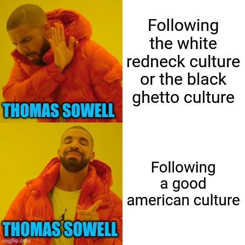 Drake Hotline Bling Meme | Following the white redneck culture or the black ghetto culture Following a good american culture THOMAS SOWELL THOMAS SOWELL | image tagged in memes,drake hotline bling | made w/ Imgflip meme maker