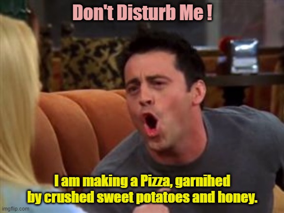Food Invention. | Don't Disturb Me ! I am making a Pizza, garnihed by crushed sweet potatoes and honey. | image tagged in joey doesn't share food | made w/ Imgflip meme maker