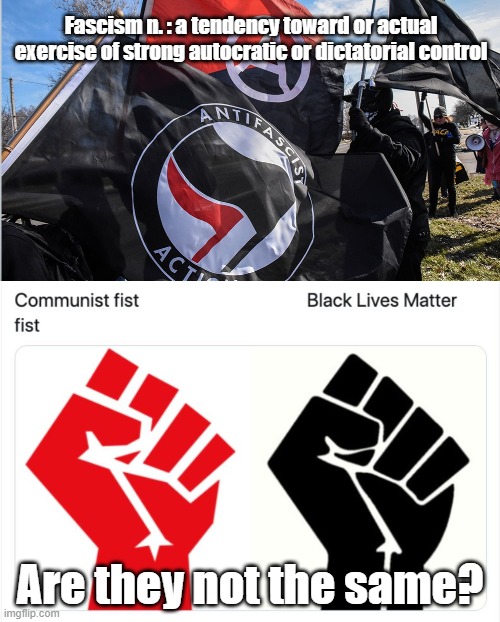 antifa is fascist | Fascism n. : a tendency toward or actual exercise of strong autocratic or dictatorial control; Are they not the same? | image tagged in antifa flag,antifa,blm,black lives matter,fascist,fascism | made w/ Imgflip meme maker