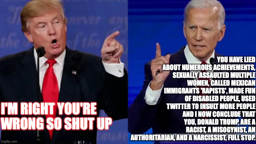 Biden vs Trump 1 | YOU HAVE LIED ABOUT NUMEROUS ACHIEVEMENTS, SEXUALLY ASSAULTED MULTIPLE WOMEN, CALLED MEXICAN IMMIGRANTS 'RAPISTS', MADE FUN OF DISABLED PEOPLE, USED TWITTER TO INSULT MORE PEOPLE AND I NOW CONCLUDE THAT YOU, DONALD TRUMP, ARE A RACIST, A MISOGYNIST, AN AUTHORITARIAN, AND A NARCISSIST, FULL STOP. I'M RIGHT YOU'RE WRONG SO SHUT UP | image tagged in joe biden | made w/ Imgflip meme maker