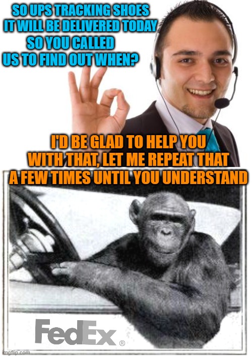 SO UPS TRACKING SHOES IT WILL BE DELIVERED TODAY; SO YOU CALLED US TO FIND OUT WHEN? I'D BE GLAD TO HELP YOU WITH THAT, LET ME REPEAT THAT A FEW TIMES UNTIL YOU UNDERSTAND | image tagged in call center guy,fedex | made w/ Imgflip meme maker