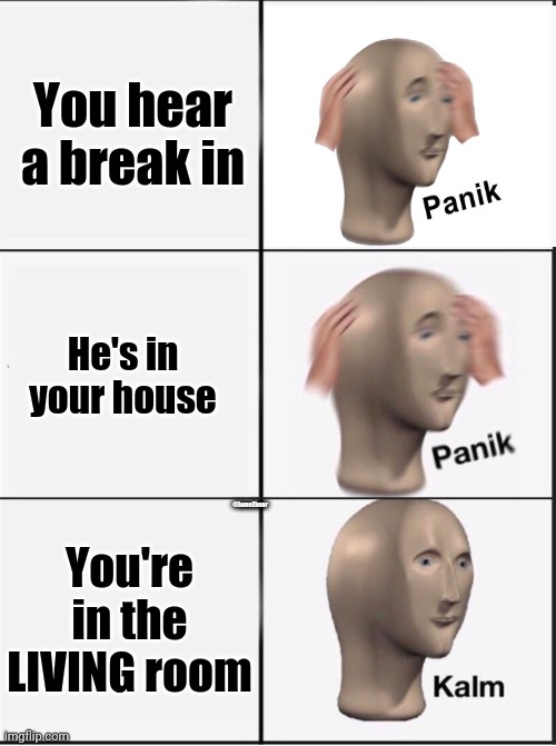 Don't know if this has been done before | You hear a break in; He's in your house; @JameZbear; You're in the LIVING room | image tagged in reverse kalm panik | made w/ Imgflip meme maker