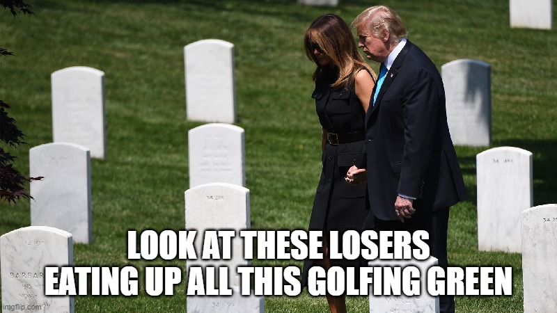 Losers? I think he's projecting again | LOOK AT THESE LOSERS EATING UP ALL THIS GOLFING GREEN | image tagged in trump arlington cemetary,trump,military,disgrace,loser | made w/ Imgflip meme maker