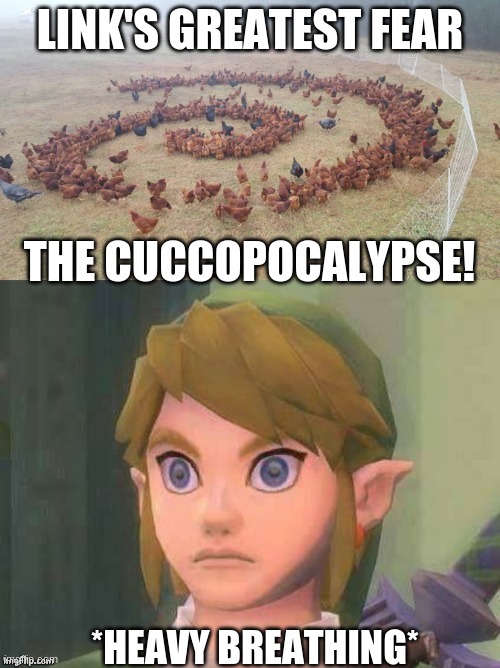 LINK'S GREATEST FEAR; THE CUCCOPOCALYPSE! *HEAVY BREATHING* | image tagged in legend of zelda | made w/ Imgflip meme maker