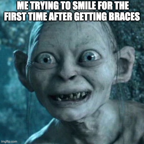 Gollum | ME TRYING TO SMILE FOR THE FIRST TIME AFTER GETTING BRACES | image tagged in memes,gollum | made w/ Imgflip meme maker