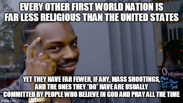 Facts | EVERY OTHER FIRST WORLD NATION IS FAR LESS RELIGIOUS THAN THE UNITED STATES; YET THEY HAVE FAR FEWER, IF ANY, MASS SHOOTINGS, AND THE ONES THEY *DO* HAVE ARE USUALLY COMMITTED BY PEOPLE WHO BELIEVE IN GOD AND PRAY ALL THE TIME | image tagged in secular,atheist,secularism,atheism,mass shooting,religion | made w/ Imgflip meme maker