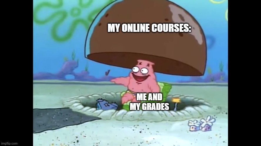 Wow, my grades are choking! | MY ONLINE COURSES:; ME AND MY GRADES | image tagged in patrick star,grades,online classes,meme | made w/ Imgflip meme maker