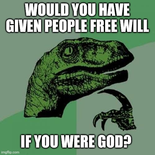 Is free will worth it? Why not just make everyone do good so there would be no evil in the world? | WOULD YOU HAVE GIVEN PEOPLE FREE WILL; IF YOU WERE GOD? | image tagged in memes,philosoraptor | made w/ Imgflip meme maker