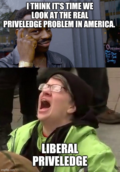 I THINK IT'S TIME WE LOOK AT THE REAL PRIVELEDGE PROBLEM IN AMERICA. LIBERAL PRIVELEDGE | image tagged in memes,roll safe think about it,crying liberal | made w/ Imgflip meme maker
