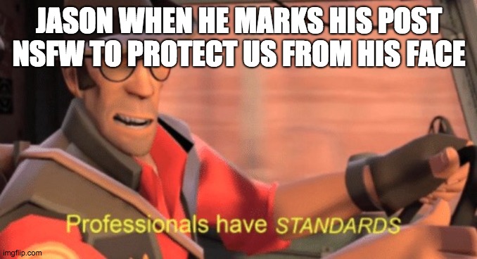 Professionals have standards | JASON WHEN HE MARKS HIS POST NSFW TO PROTECT US FROM HIS FACE | image tagged in professionals have standards | made w/ Imgflip meme maker