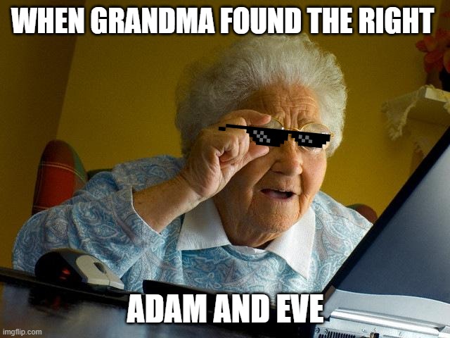 Grandma finally found the right adam and eve... | WHEN GRANDMA FOUND THE RIGHT; ADAM AND EVE | image tagged in memes,grandma finds the internet | made w/ Imgflip meme maker