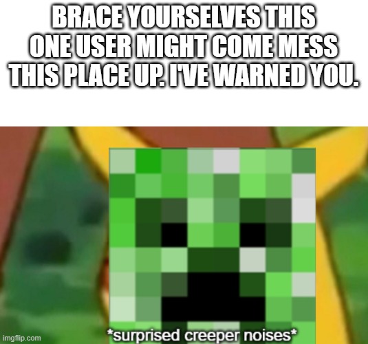 surprised creeper | BRACE YOURSELVES THIS ONE USER MIGHT COME MESS THIS PLACE UP. I'VE WARNED YOU. | image tagged in surprised creeper | made w/ Imgflip meme maker